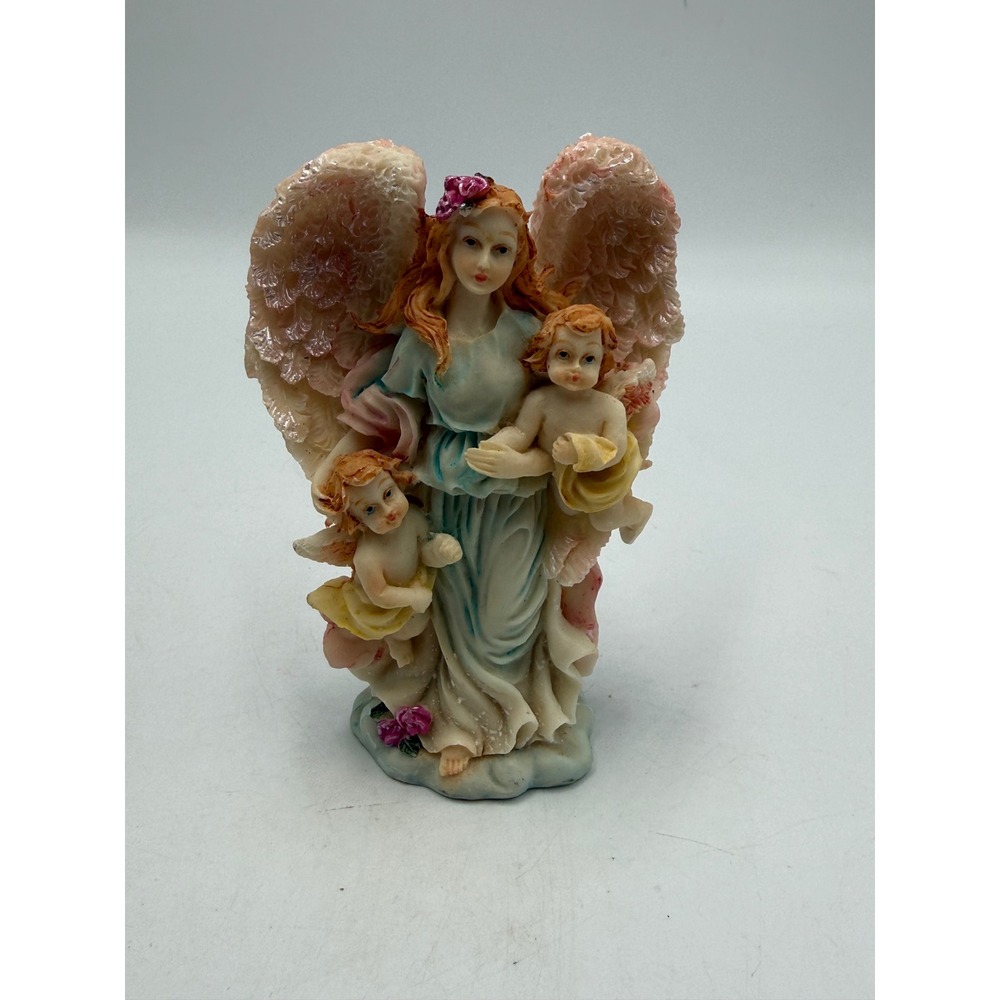 Vintage Angel Mother with Cherubs Resin Figurine Pastel Iridescent Wings 5.25"